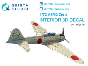 Intérieur coloré imprimé en 3D sur papier décalcomanie (Tamiya) pour A6M2 Zero (Mitsubishi Prod.) de Quinta Studio QD72162, échelle 1/72