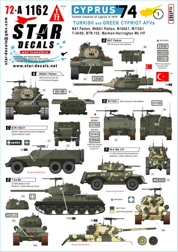 Star Decals 72-A1162 Chypre 74 Invasion turque de Chypre en 1974 1/72