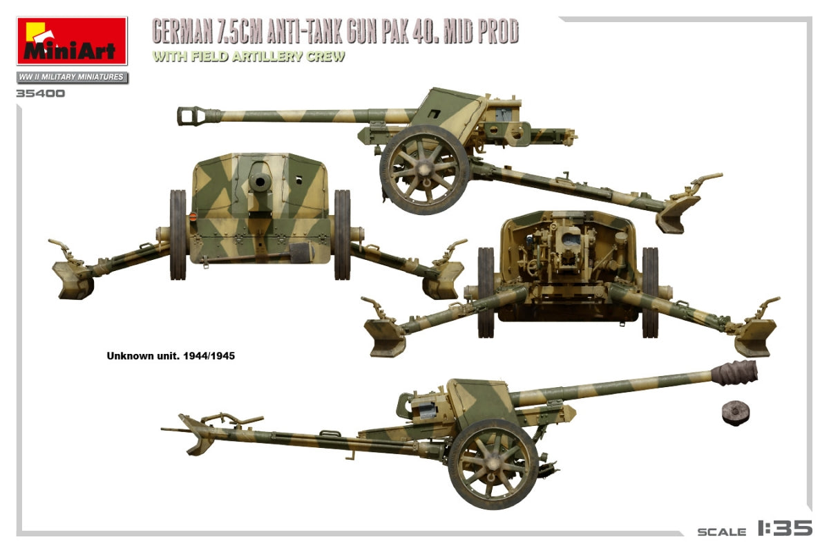 MiniArt 35400 Canon antichar allemand de 7,5 cm PAK 40. Production moyenne avec équipe d&amp;#39;artillerie de campagne 1/35  – image 7
