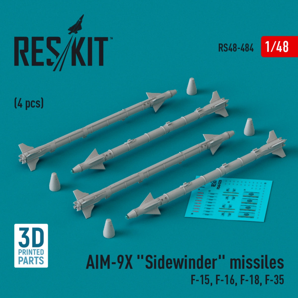 Missiles RESKIT RS48-0484 AIM-9X « Sidewinder » (4 pièces) (Impression 3D) 1/48