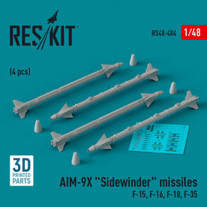 Missiles RESKIT RS48-0484 AIM-9X « Sidewinder » (4 pièces) (Impression 3D) 1/48