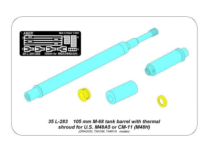 Aber 35L-283 105 mm M-68 barrel with thermal shroud for M48A5 Tank 1/35