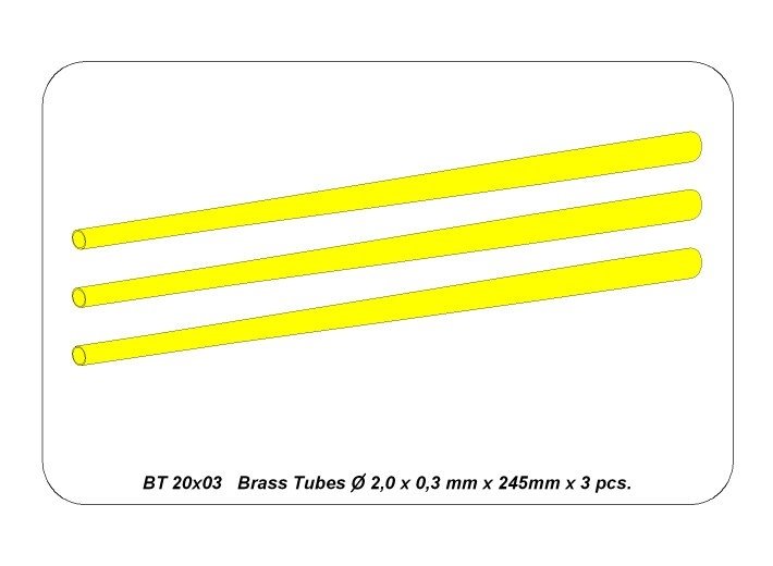 Tubes en laiton Aber BT20X03 Fi 2,0 x 0,3 mm, longueur 250 mm x 3 pièces / Tubes en laiton 2,0 x 0,3 mm, longueur 250 mm x 3 pièces