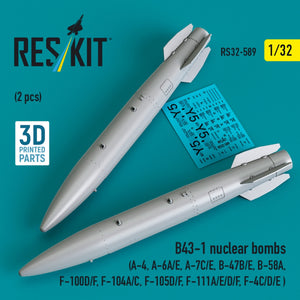RESKIT RS32-0589 B43-1 nuclear bombs (2 pcs) (A-4, A-6A/E, A-7C/E, B-47B/E, B-58A, F-100D/F, F-104A/C, F-105D/F, F-111A/D/E/F, F-4C/D/E ) (3D Printed) 1/32