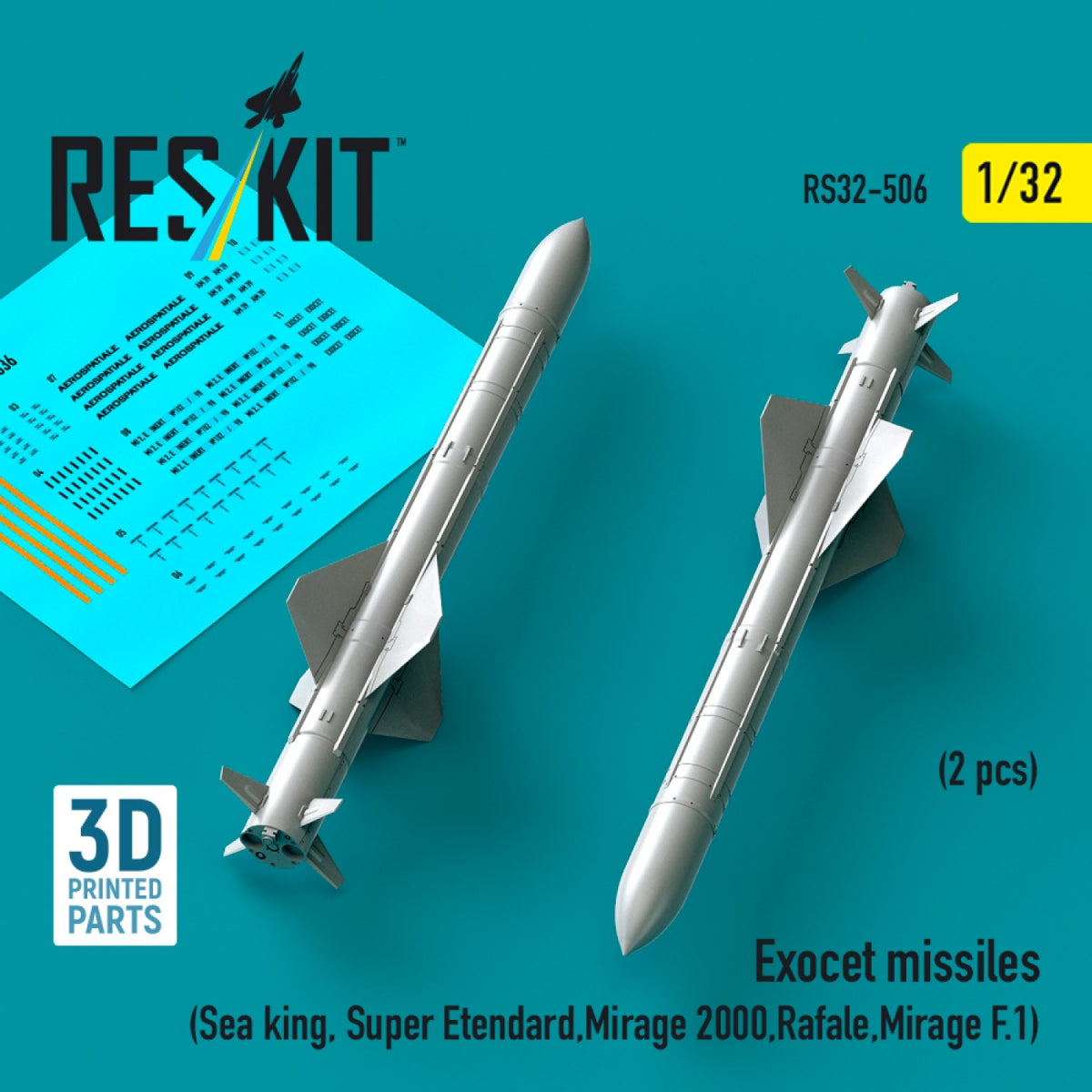 Missiles Exocet RESKIT RS32-0506 (2 pièces) (Sea King, Super Étendard, Mirage 2000, Rafale, Mirage F.1) (Impression 3D) 1/32