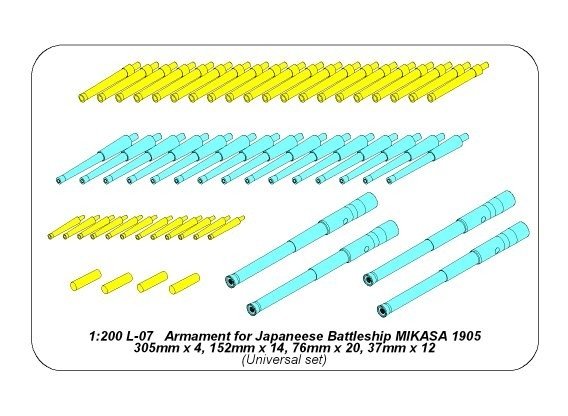 Armement Aber 200L-07 pour pré-dreadnought japonais Mikasa : 4 canons de 305 mm, 14 de 152 mm, 20 de 76 mm, 12 de 37 mm (échelle 1/200) – imagen 7