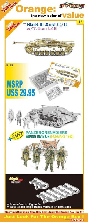 Cyber ​​Hobby 9119 StuG. III Ausf.C/D avec canon de 7,5 cm L48. Figurines allemandes et chenilles Magic Tracks 1/35 incluses. – immagine 2