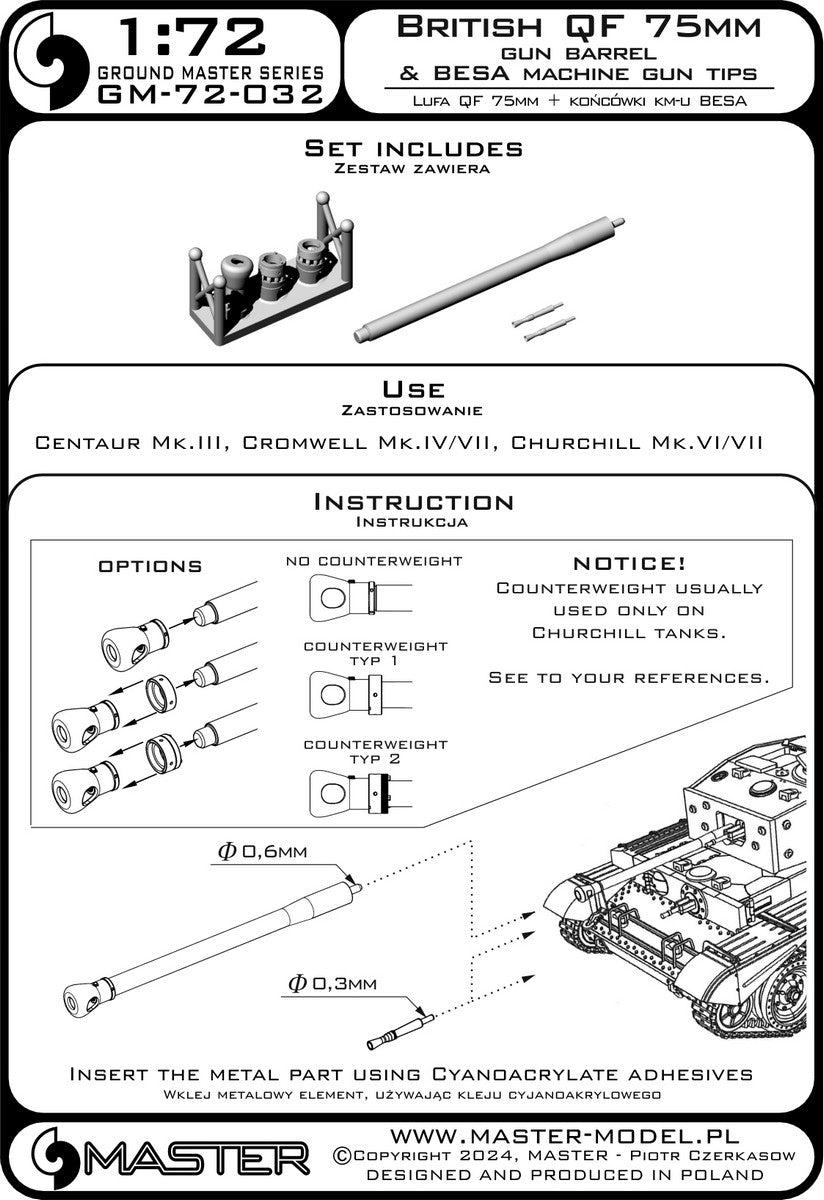 Maquette Master GM-72-032 Canon britannique QF 75 mm + affûts de mitrailleuse Besa - Centaur Mk.III, Cromwell Mk.IV/VII, Churchill Mk.VI/VII et autres, échelle 1/72 – Bild 7