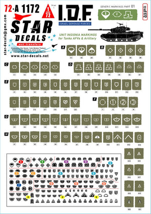 Star Decals 72-A1172 Marquages ​​génériques IDF n° 1. Insignes de brigade/unité israéliens pour chars et véhicules blindés. Échelle 1/72