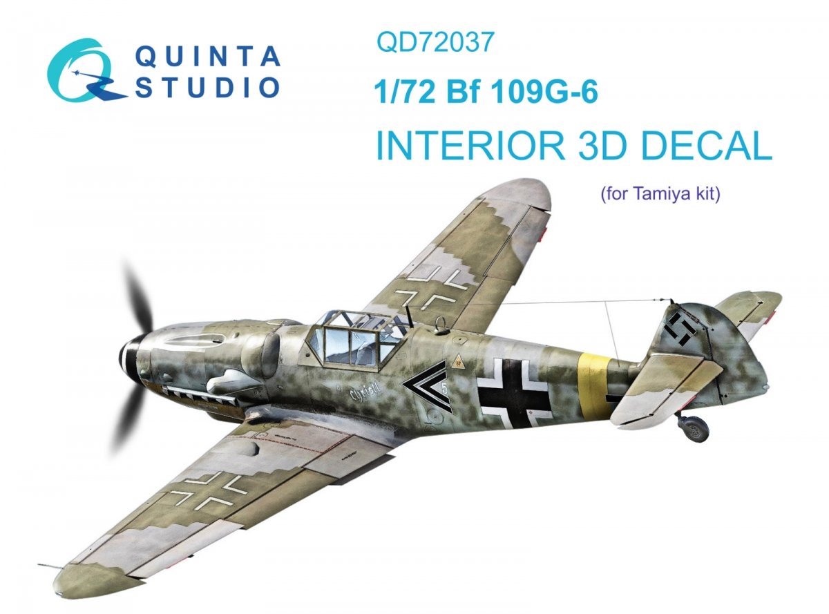 Intérieur imprimé en 3D et coloré sur papier décalcomanie Quinta Studio QD72037 Bf 109 G-6 (Tamiya) 1/72