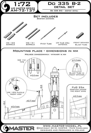 Master AM-72-137 Do 335 B-2 – ensemble de détails – MG 151, pointe MK-103, antenne FuG 25a, tube pitot (1/72) – imagen 3