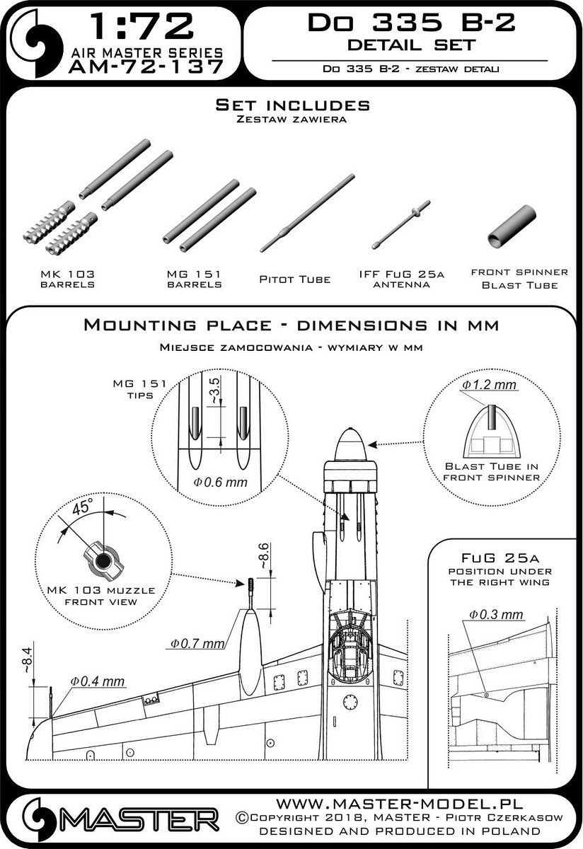 Master AM-72-137 Do 335 B-2 – ensemble de détails – MG 151, pointe MK-103, antenne FuG 25a, tube pitot (1/72) – imagen 3