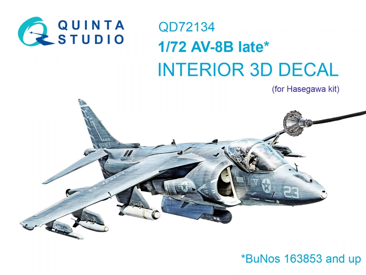 Intérieur coloré imprimé en 3D sur papier décalcomanie Quinta Studio QD72134 AV-8B (Hasegawa) à l'échelle 1/72
