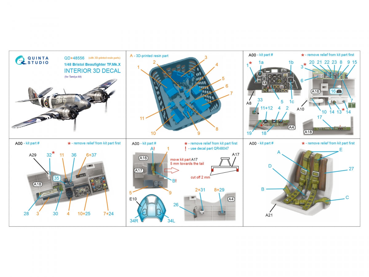 Intérieur imprimé en 3D et coloré sur papier décalcomanie (Tamiya) (avec pièces en résine imprimées en 3D) Quinta Studio QD+48556 Bristol Beaufighter TF.Mk.X, échelle 1/48 – Bild 2