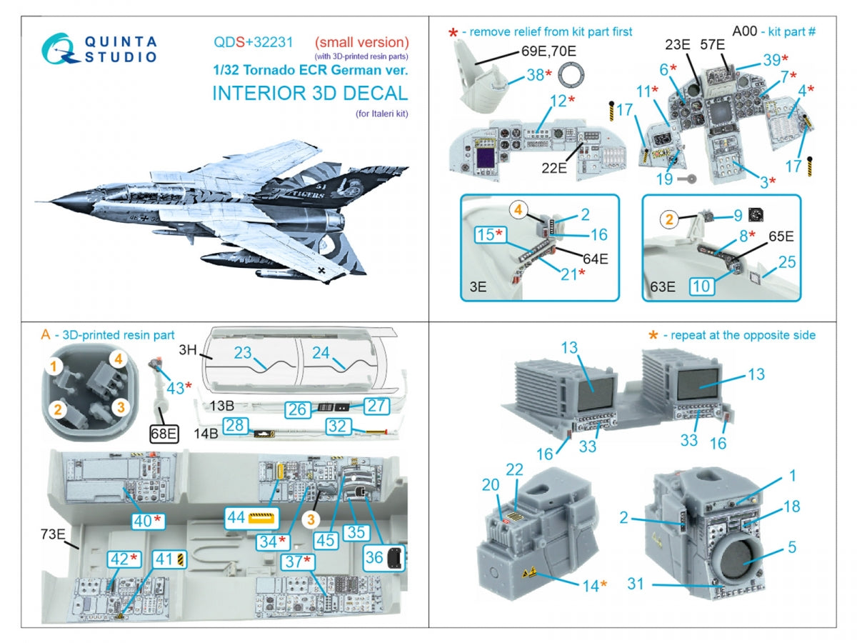 Quinta Studio QDS+32231 Tornado ECR, intérieur imprimé en 3D et coloré sur papier décalcomanie (Italeri) (petite version) (avec pièces en résine imprimées en 3D) 1/32 – Bild 3