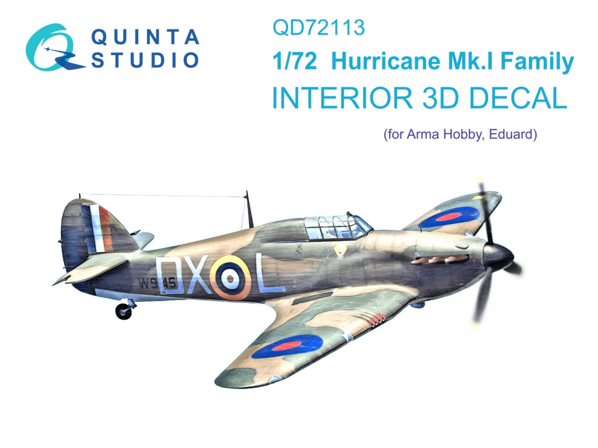 Quinta Studio QD72113 Hurricane Mk.I family 3D-Printed colored Interior on decal paper (Arma Hobby) 1/72