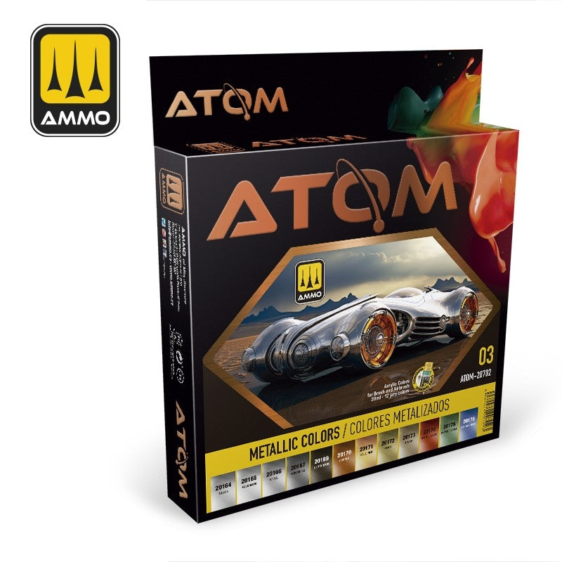AMMO de Mig Jimenez ATOM 20702 Couleurs Métalliques Coffret 12 x 20 ml