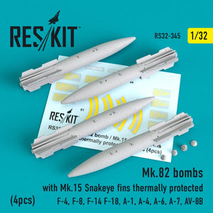 RESKIT RS32-0345 MK.82 BOMBS WITH MK.15 SNAKEYE FINS THERMALLY PROTECTED (4 PCS) 1/32