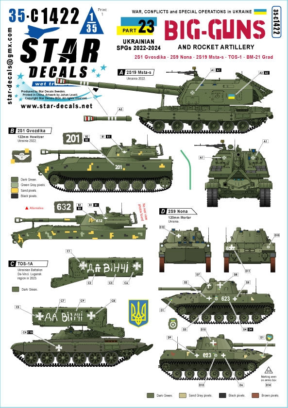 Star Decals 35-C1422 Guerre en Ukraine 23 canons lourds et artillerie de roquettes ukrainiens. 2S1 Gvostika, 2S9 Nona, 2S19 Msta-s, TOS-1 et BM-21 Grad 1/35