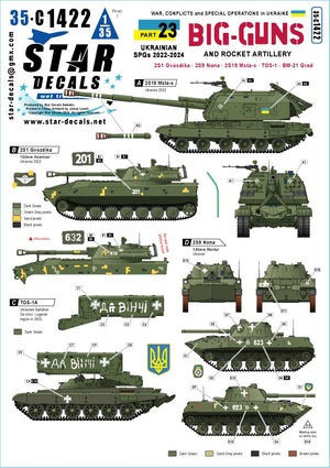 Star Decals 35-C1422 Guerre en Ukraine 23 canons lourds et artillerie de roquettes ukrainiens. 2S1 Gvostika, 2S9 Nona, 2S19 Msta-s, TOS-1 et BM-21 Grad 1/35