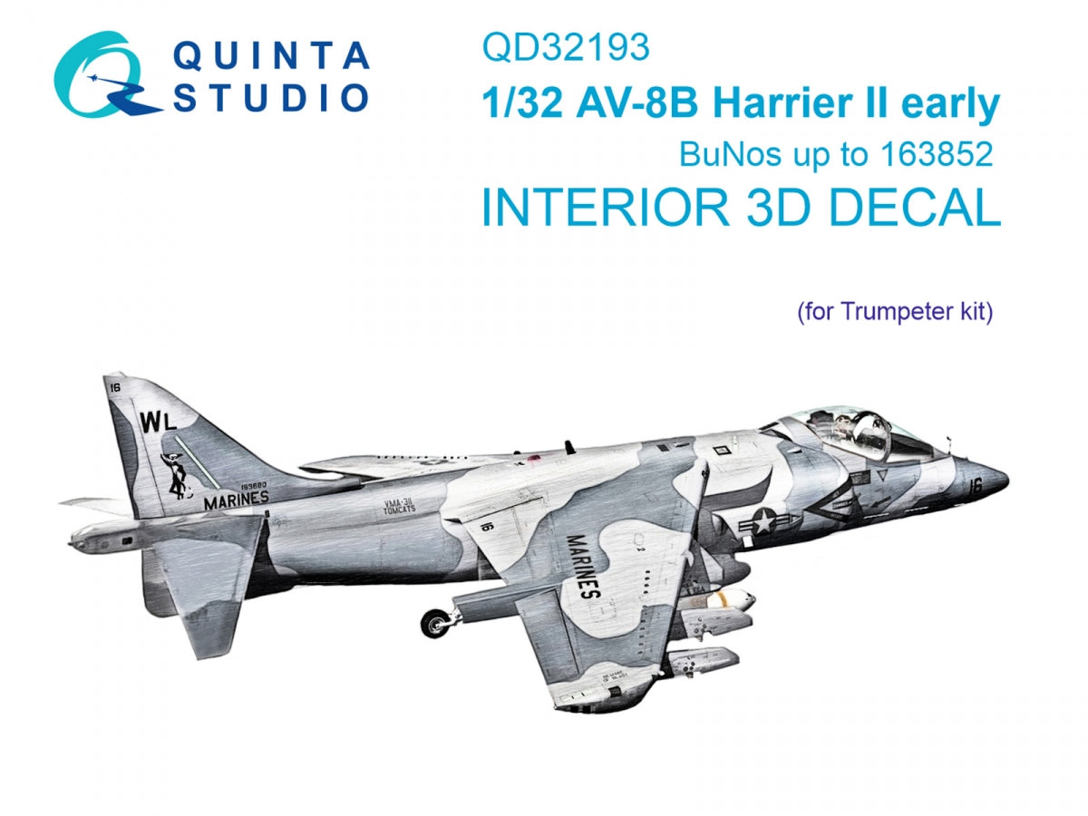 Intérieur imprimé en 3D et coloré sur papier décalcomanie Quinta Studio QD32193 AV-8B Harrier II (première génération) (Trumpeter) 1/32 