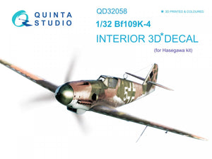 Intérieur imprimé en 3D et coloré sur papier décalcomanie Quinta Studio QD32058 Bf 109K-4 (pour maquette Hasegawa) 1/32