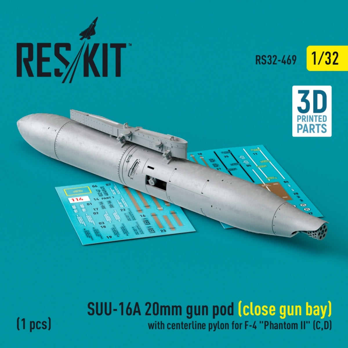 RESKIT RS32-0469 Nacelle de canon SUU-16A de 20 mm (baie fermée) avec pylône central pour F-4 Phantom II (C, D) (1 pièce) (Impression 3D) 1/32