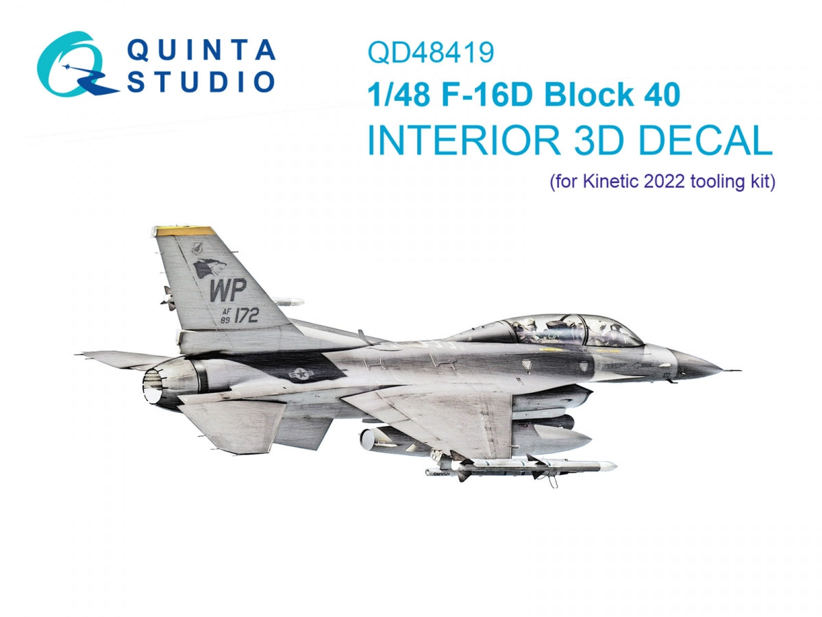 Quinta Studio QD48419 F-16D block 40 3D-Printed & coloured Interior on decal paper (Kinetic 2022 tool) 1/48