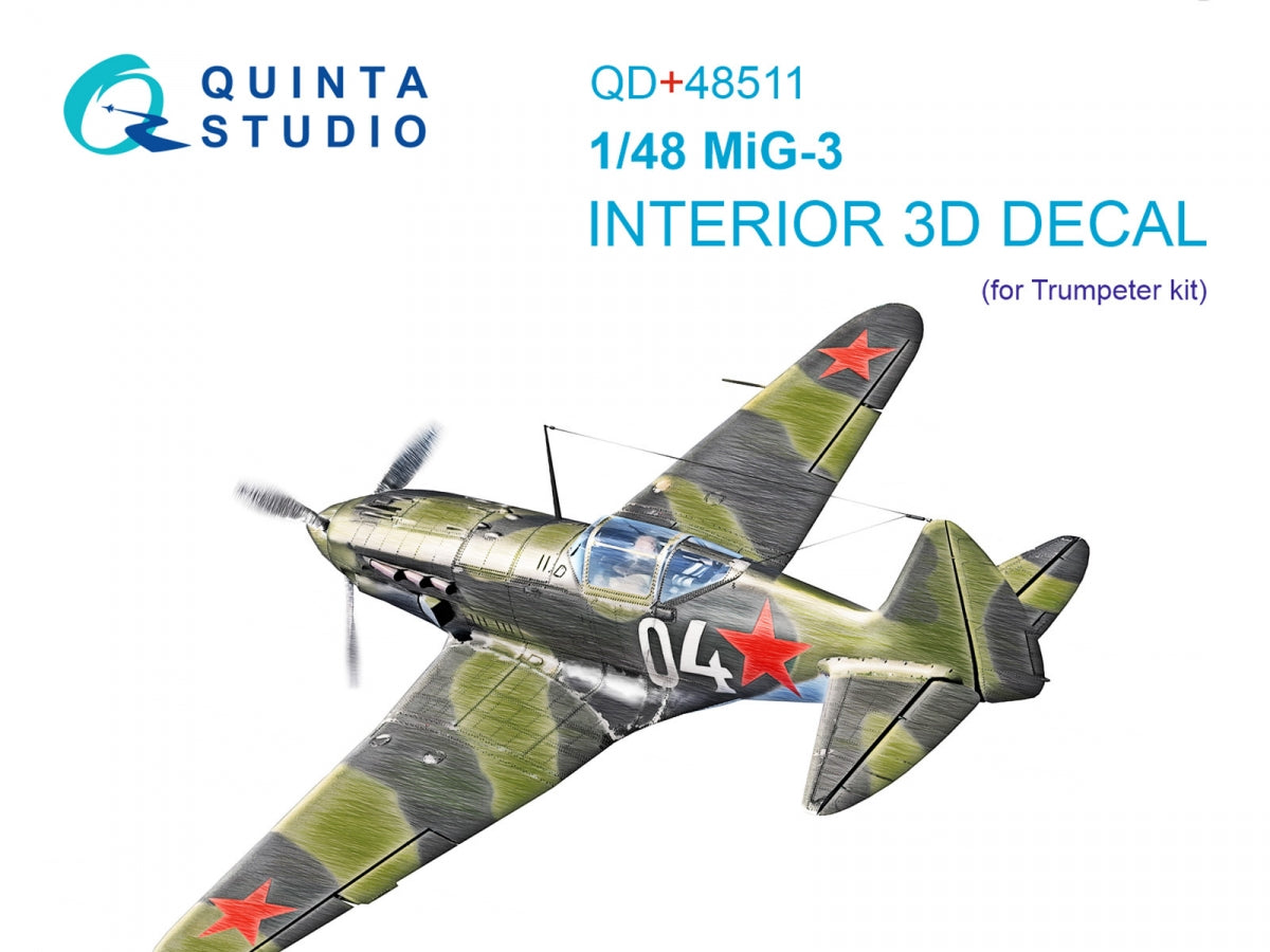 Quinta Studio QD+48511 MiG-3 3D-Printed colored Interior on decal paper (Trumpeter) 1/48