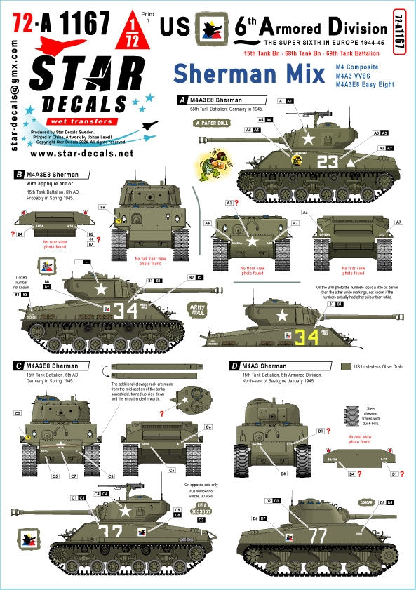 Star Decals 72-A1167 6e division blindée américaine 1. La Super-Sixième en Europe 1944-45. Sherman Mix 1/72
