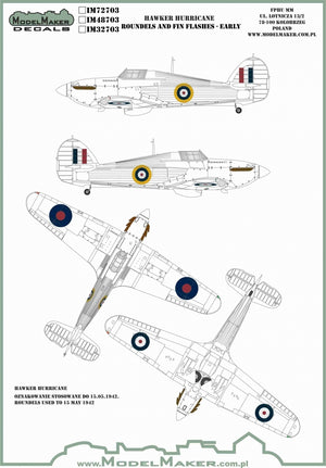 Décalcomanies ModelMaker IM48703 Cocardes et ailerons de dérive Hawker Hurricane - Première version 1/48