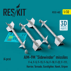 Missiles AIM-9M « Sidewinder » RESKIT RS32-0482 (4 pièces) (Impression 3D) 1/32