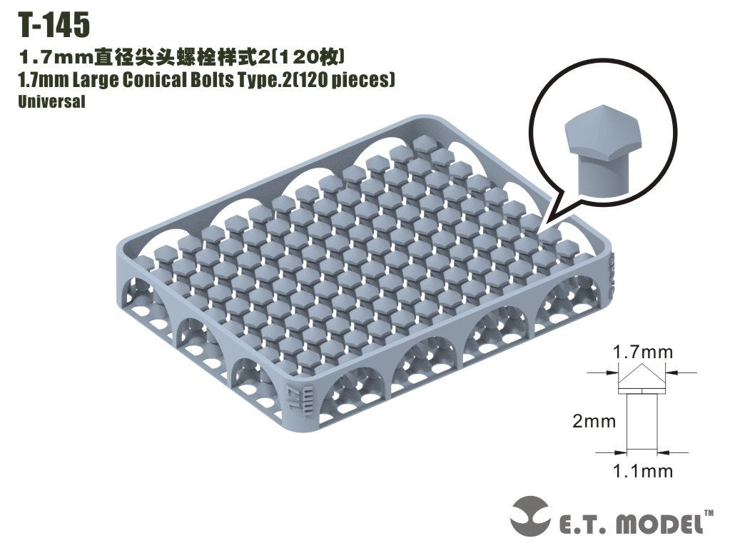 Boulons coniques de grande taille ET modèle T-145, 1,7 mm, type 2, 120 pièces