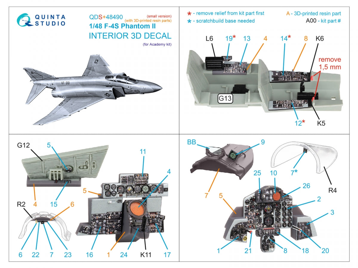 Quinta Studio QDS+48490 F-4S Phantom II Intérieur imprimé en 3D et coloré sur papier décalcomanie (Academy) (Petite version) (avec pièces en résine imprimées en 3D) 1/48 – image 3