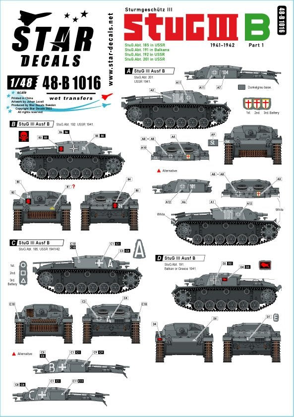 Star Decals 48-B1016 StuG III B 1941-42 # 1. Sturmgeschutz III Ausf B. Front de l'Est, Balkans et Grèce 1/48
