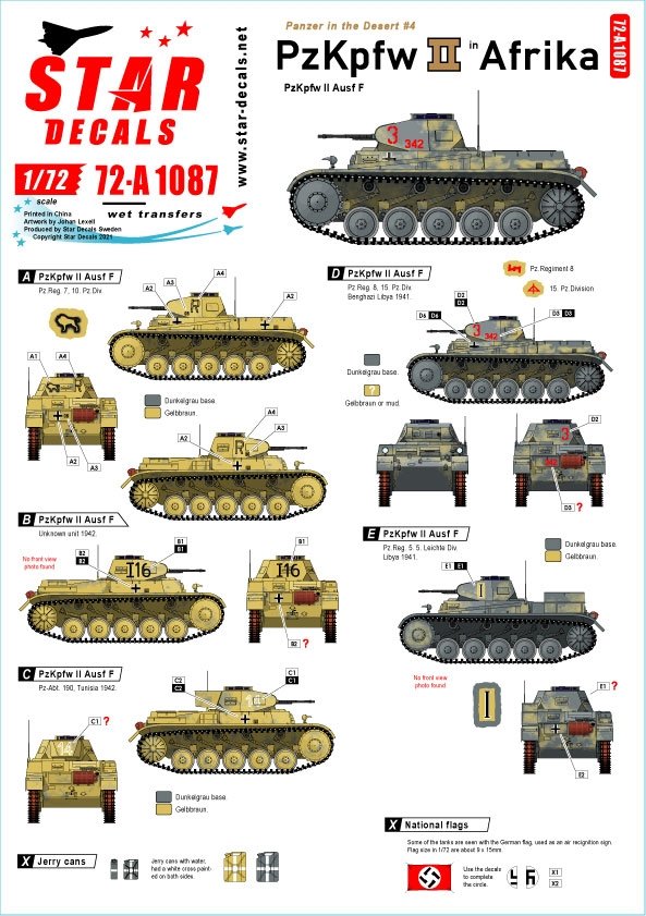 Star Decals 72-A1087 Panzer dans le Désert #4. PzKpfw II Ausf F, en Afrique du Nord 1/72