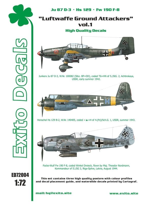 Décalcomanies Exito ED72004 Luftwaffe Ground Attackers vol.1 - Ju 87 D-3, Hs 129, Fw 190F-8 1/72 