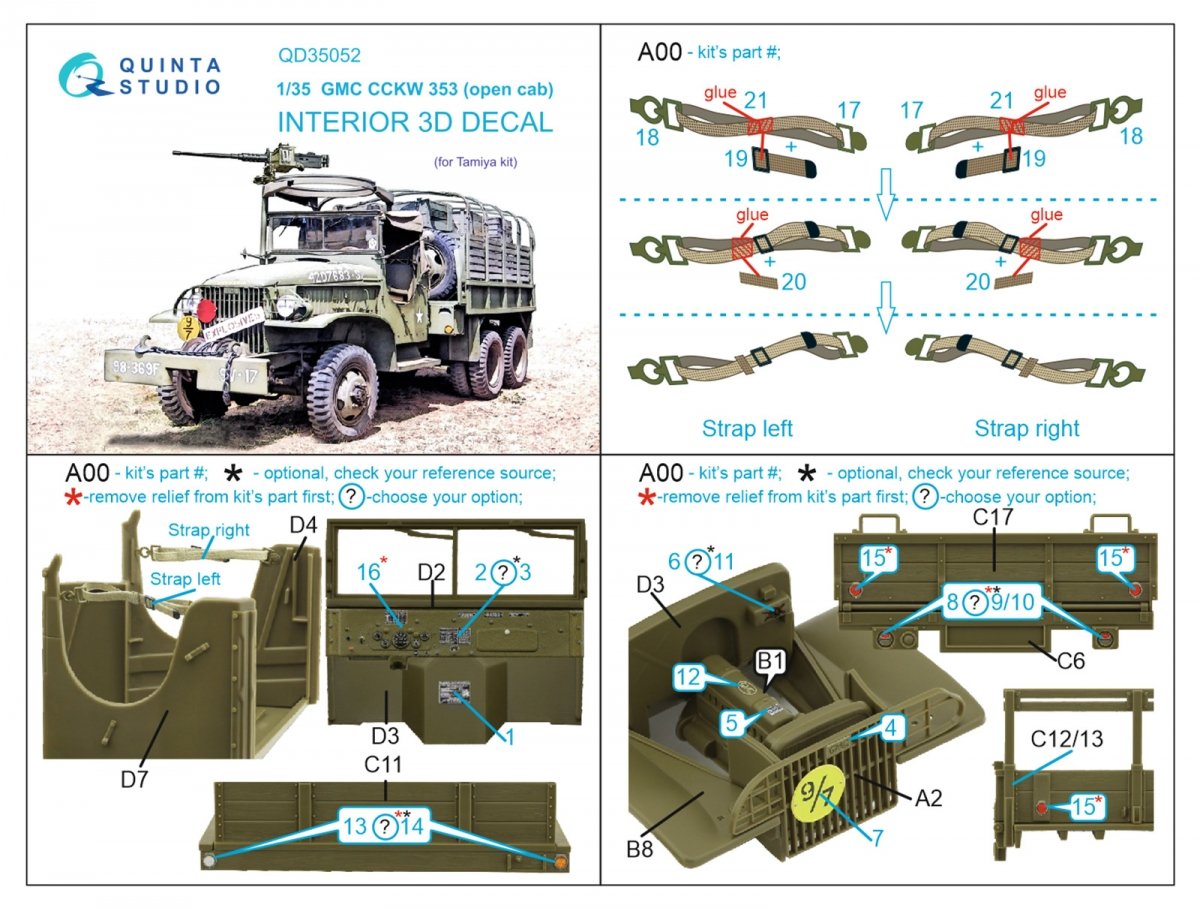 Intérieur imprimé en 3D et coloré sur papier décalcomanie (Tamiya) Quinta Studio QD35052 GMC CCKW 353 (cabine ouverte) 1/35 – immagine 2