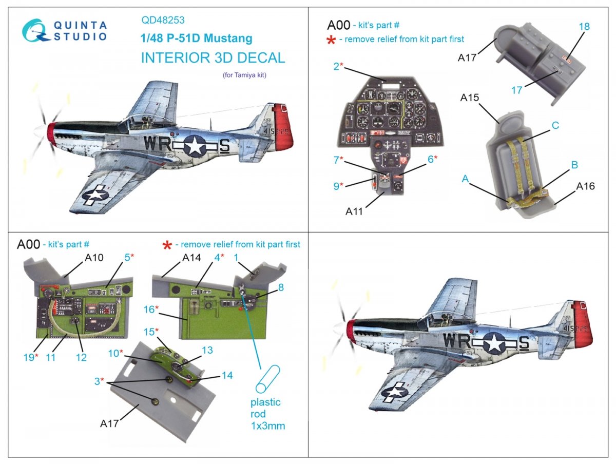 Intérieur imprimé en 3D et coloré sur papier décalcomanie Quinta Studio QD48253 P-51D (Tamiya) 1/48  – image 2