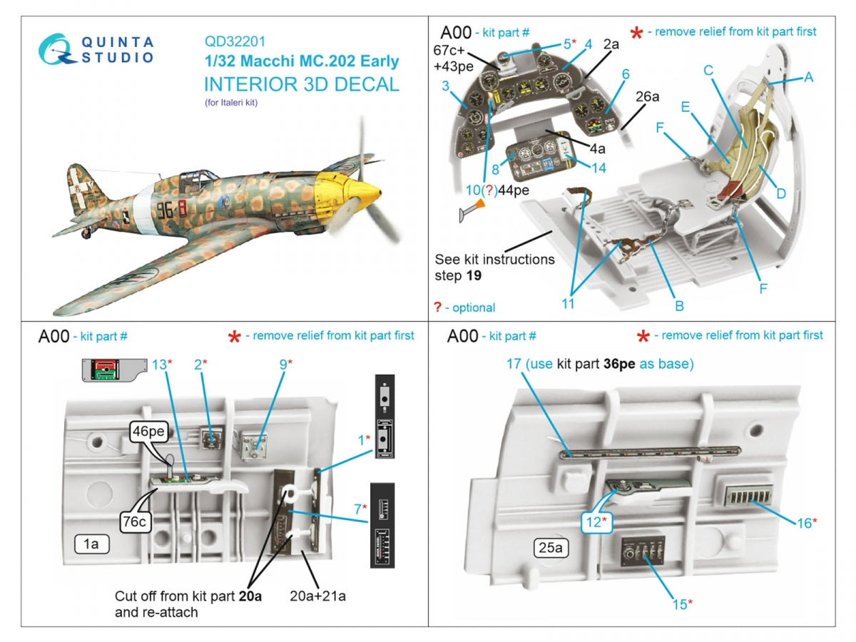 Quinta Studio QD32201 Macchi MC.202 Folgore Early Intérieur coloré et imprimé en 3D sur papier décalque (Italeri) 1/32 – image 2