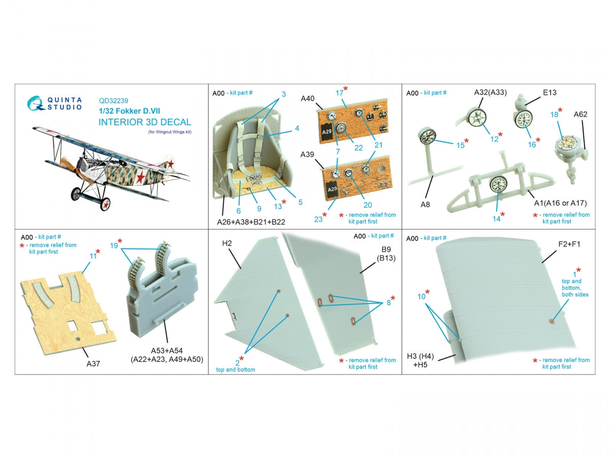 Intérieur imprimé en 3D et coloré pour Fokker D.VII (Wingnut Wings) - Quinta Studio QD32239, échelle 1/32 – Bild 13