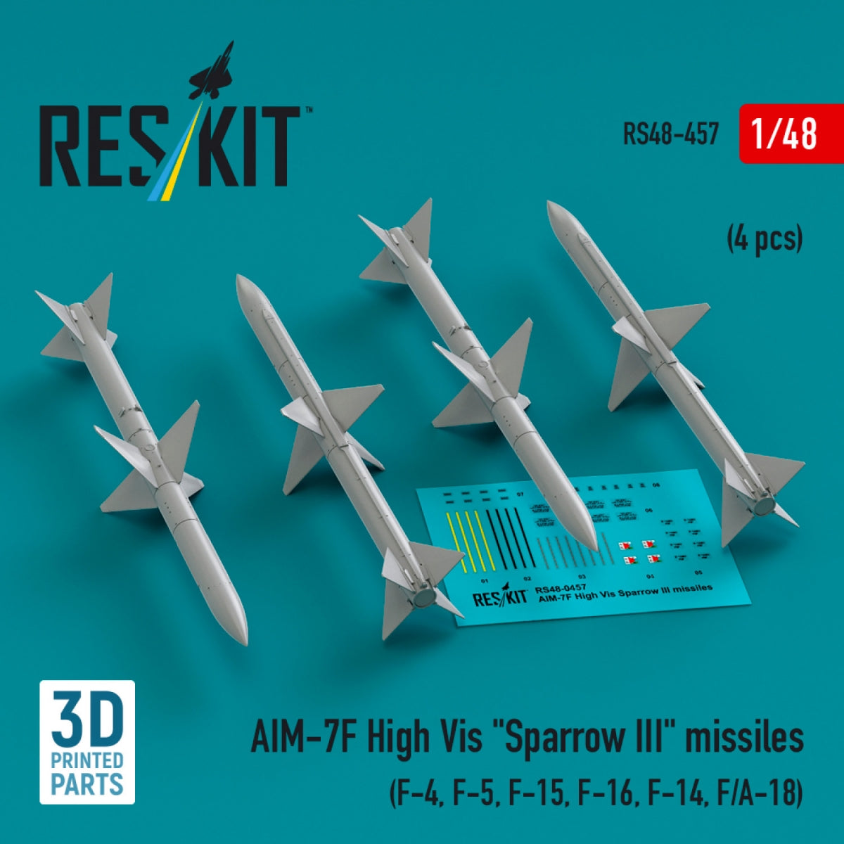 RESKIT RS48-0457 Missiles AIM-7F Haute Vis « Sparrow III » (4 pièces) (Impression 3D) 1/48