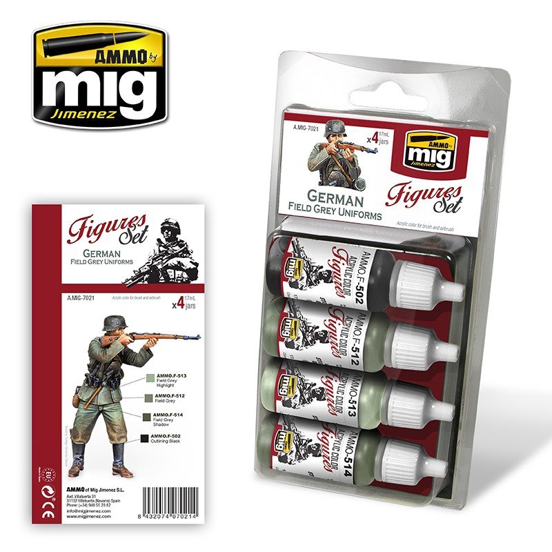 AMMO de Mig Jimenez 7021 Uniformes gris de campagne allemands, lot de figurines 4x17ml