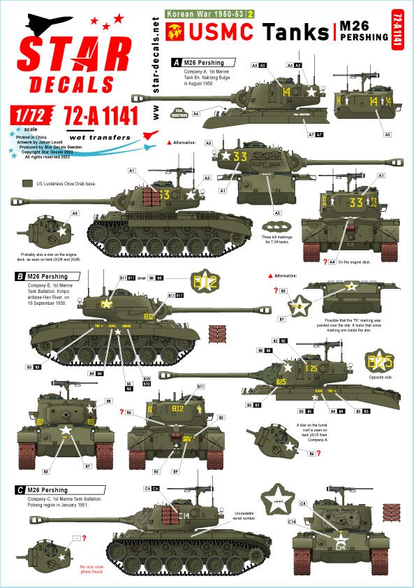 Star Decals 72-A1141 Guerre de Corée 1950-53 n° 2. Chars de l&amp;#39;USMC. Pershing. Échelle 1/72