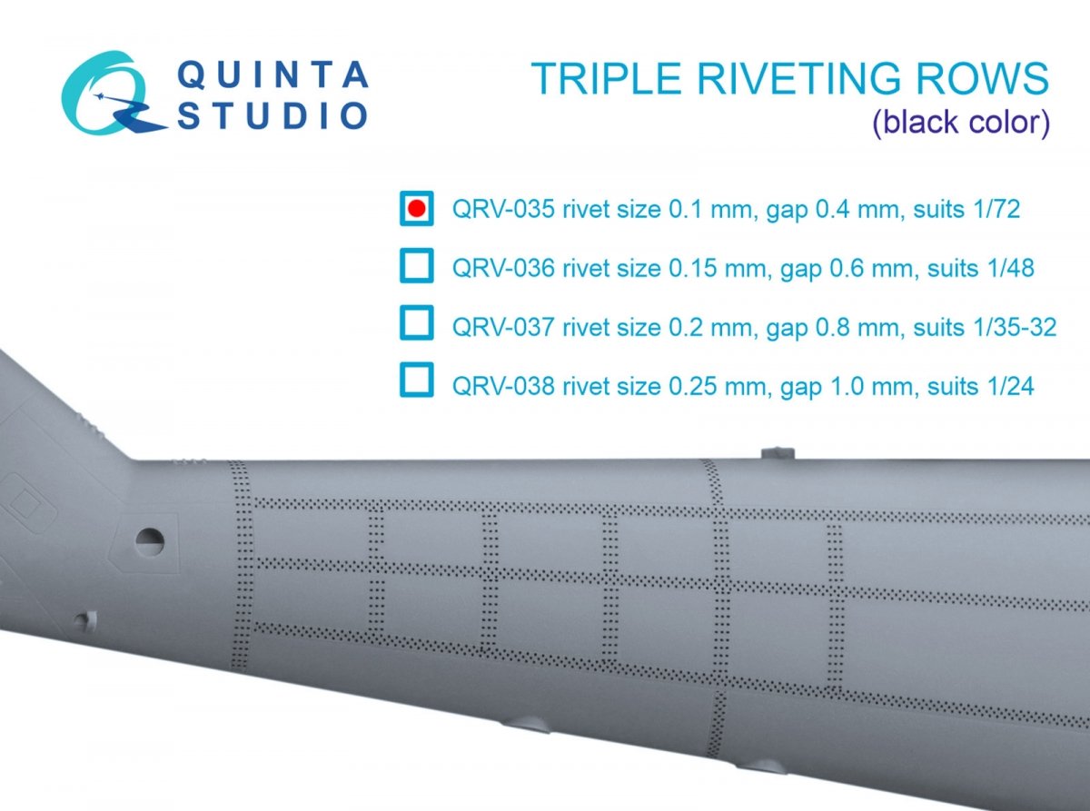 Rangées de rivets triples Quinta Studio QRV-035 (taille des rivets : 0,10 mm, écartement : 0,4 mm, convient à l’échelle 1/72), couleur noire, longueur totale : 6,6 m / 22 pi