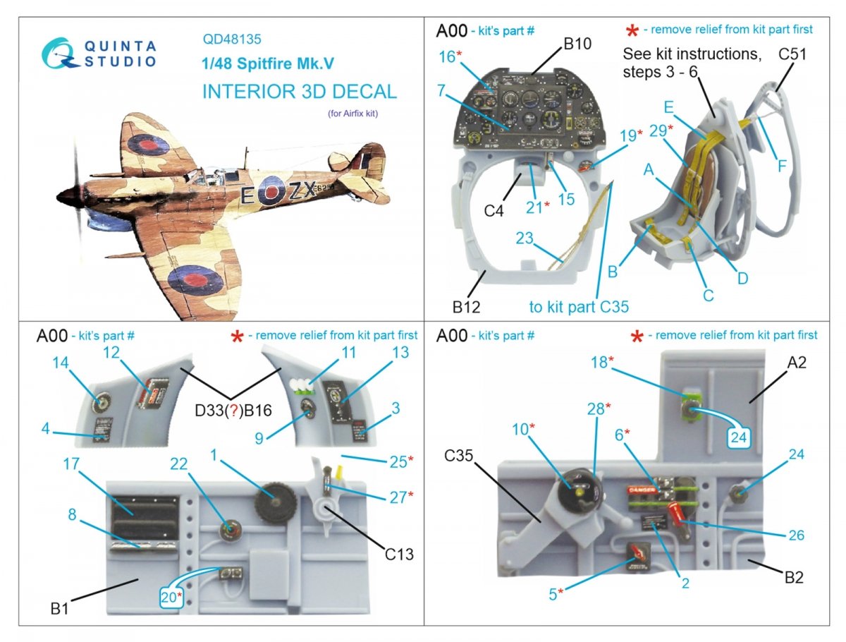 Quinta Studio QD48135 Spitfire Mk.V 3D-Printed &amp;amp; coloured Interior on decal paper (Airfix) 1/48 – zdjęcie 12