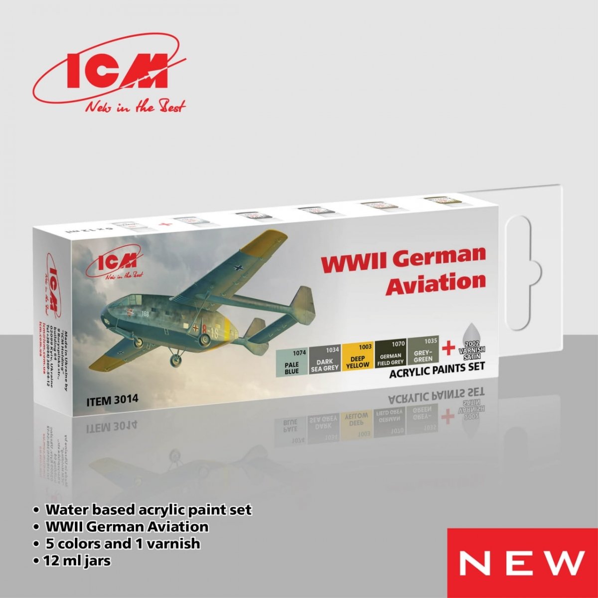 Coffret de peinture acrylique ICM 3014, aviation allemande de la Seconde Guerre mondiale, 6 x 12 ml