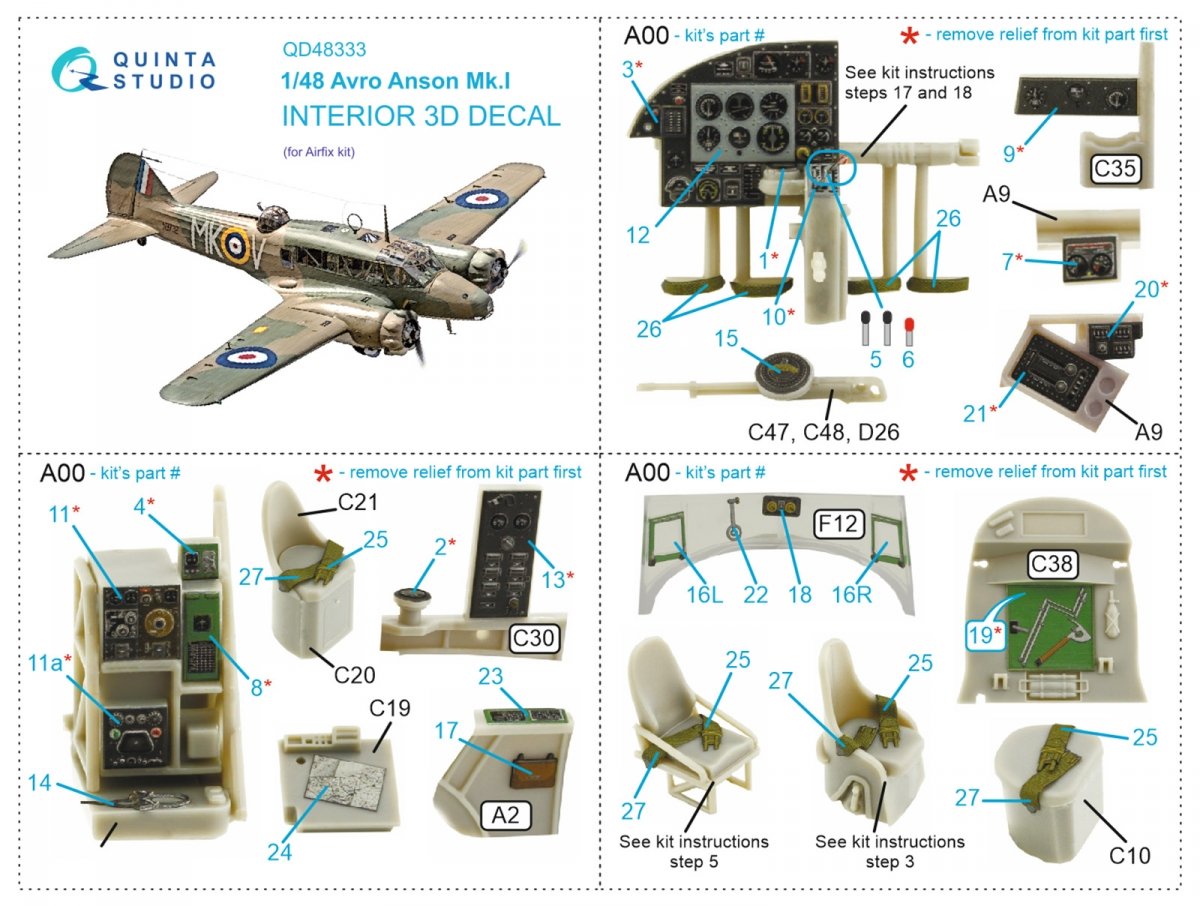 Intérieur imprimé en 3D et coloré sur papier décalcomanie Quinta Studio QD48333 Avro Anson Mk.I (Airfix) 1/48 – image 8