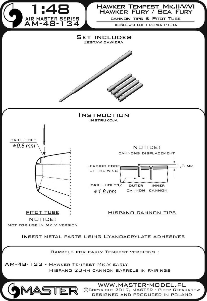 Master AM-48-134 Hawker Tempest Mk.II/V/VI i Hawker Fury/Sea Fury - końcówki luf Hispano Mk.V i Rurka Pitota 1/48 – zdjęcie 4
