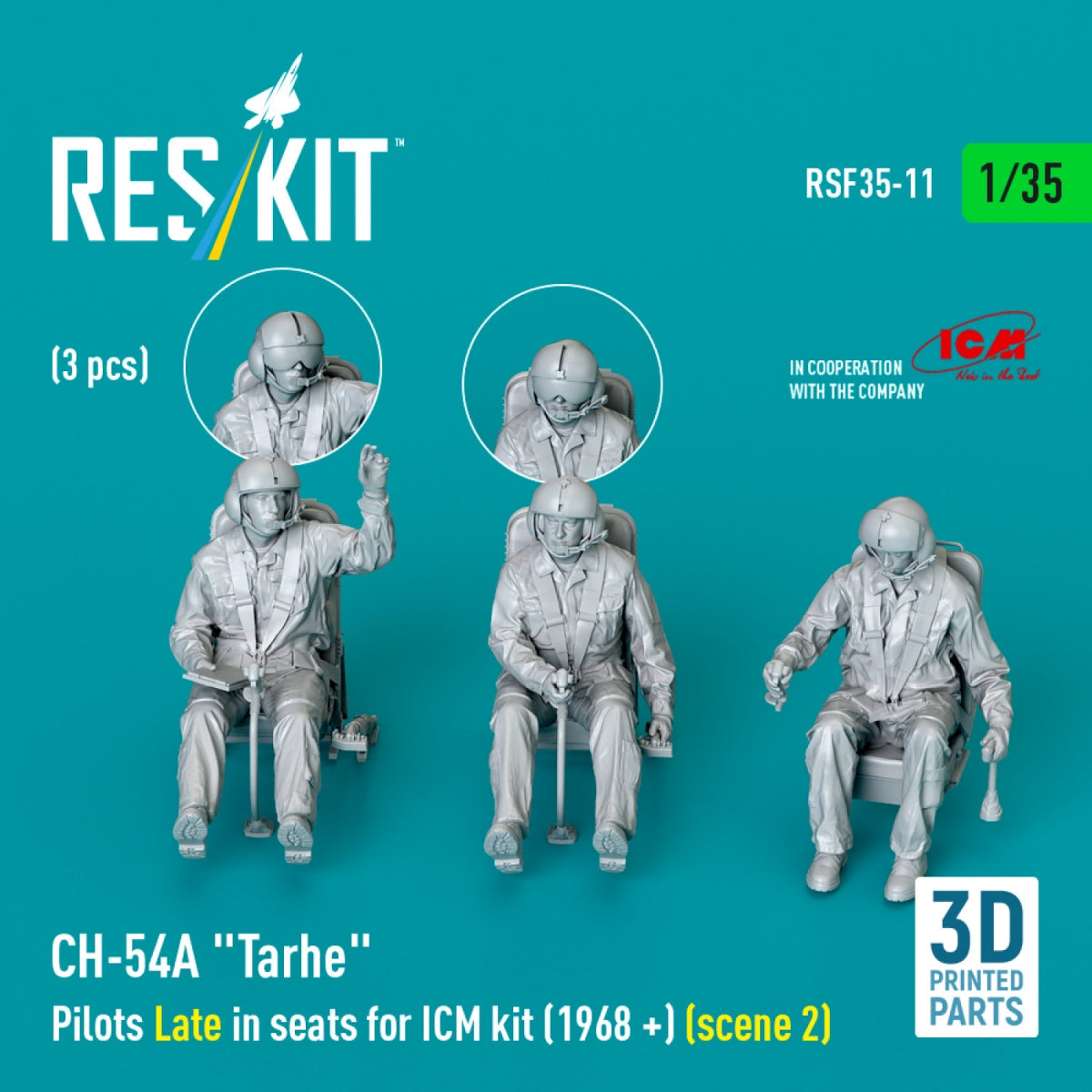 RESKIT RSF35-0011 CH-54A « Tarhe » Pilotes en retard dans leurs sièges pour kit ICM (1968 +) (scène 2) (3 pièces) (Impression 3D) 1/35